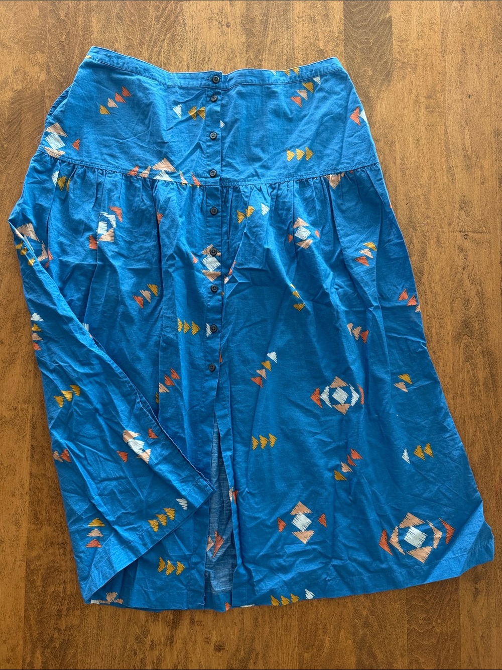 Pendleton Blue Cotton Button-Front Skirt – Geometric Print with Pockets (L)